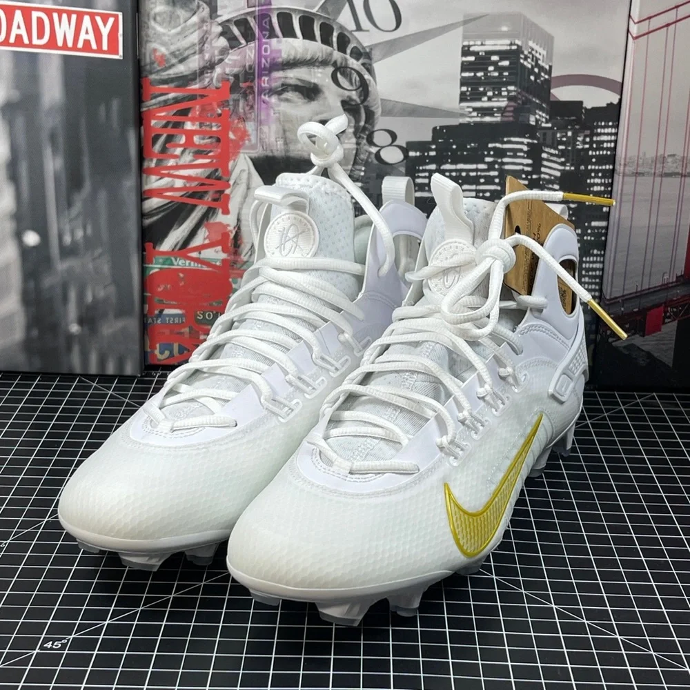 Nike Men's Sz 11.5 Huarache 9 Elite LAX Lacrosse Cleats White/Gold FD0088-100 - Picture 1 of 9